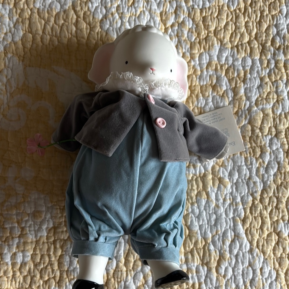 Adorable Vintage Michael & Company Ceramic  Lamb Toy with Gray and Blue Outfit.